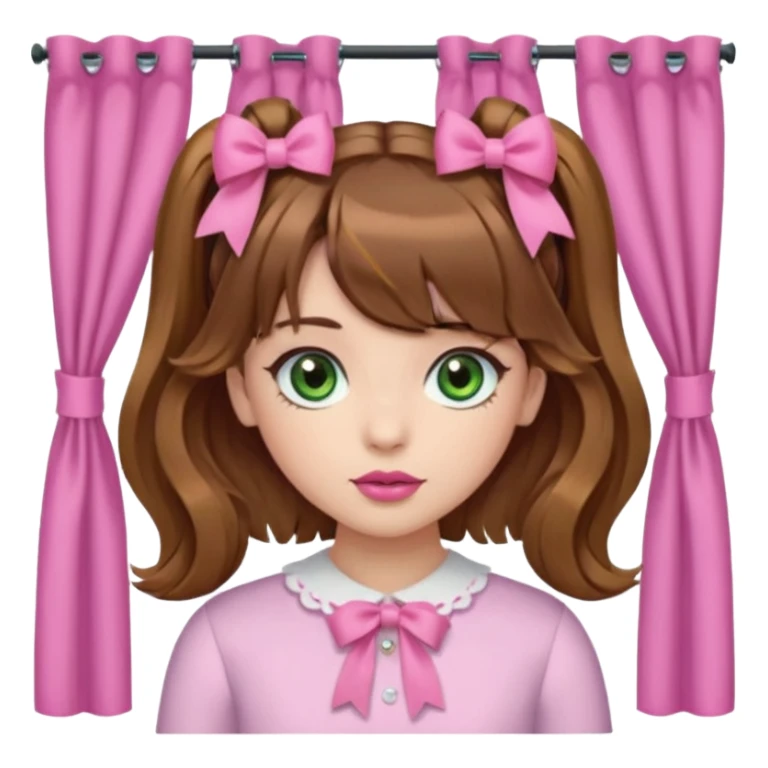 Una chica de cabello marrón con ojos de un verde acaramelado labios rosados cabello suelto con ondas un fleco corto en medio y otros dos a los lados en modo fleco cortina dos mini coletitas a los lados con lazitos  sticker