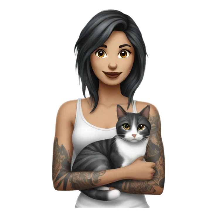 Beautiful dark haired tattooed woman holding gray and white stripe long haired cat sticker