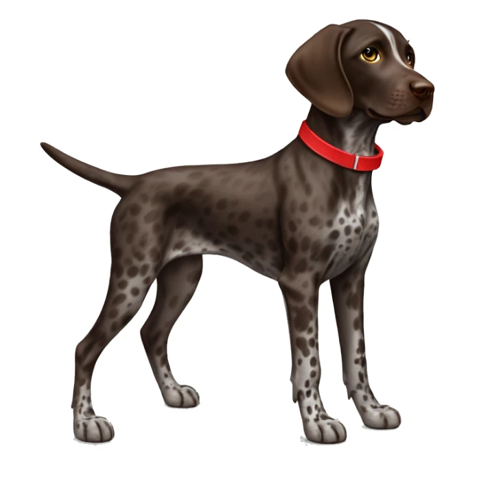 Dark Brown spotted German short haired pointer puppy with ticking with red collar  sticker
