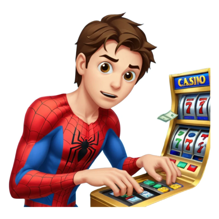 disheveled spiderman losing money at a slot machine, panicked face, coins flying sticker
