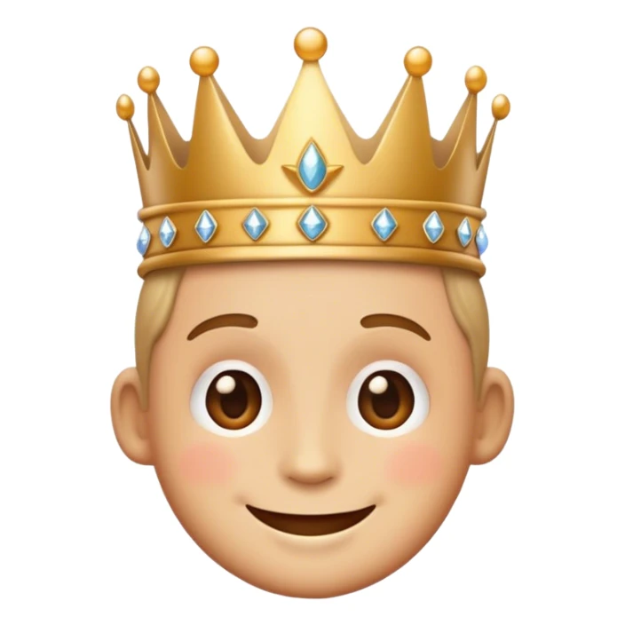 A playful, cartoon-style emoji with a smiling face wearing a tiny crown, surrounded by subtle sparkles for a fun and regal look sticker