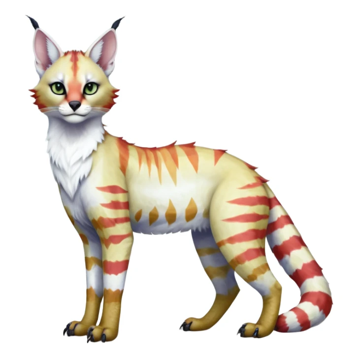 Colorful tropical tribal pale light fruity pastel white glorious iridescent divine exotic cute albino neon vibrant zigzagged cool beautiful fantasy-caracal-civet-genet-sergal-vernid-Gryphon-Cacomistle-Trico-oncilla-animal-Fakémon-hybrid-fursona (full body), facial markings,  sticker