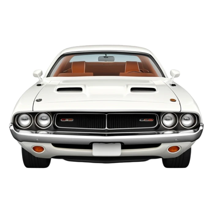 Classic white 1971 Dodge Challenger, perfect 30-degree angle view, highly detailed front grille and headlights, clean all-white exterior, authentic muscle car lines, iOS emoji style sticker
