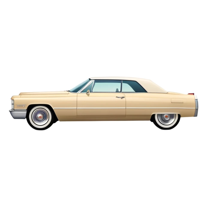 Clean-lined beige 1966 Cadillac DeVille, very minimalistic approach, 30-degree perspective, simplified iconic silhouette, Once Upon a Hollywood vehicle, iOS emoji style sticker
