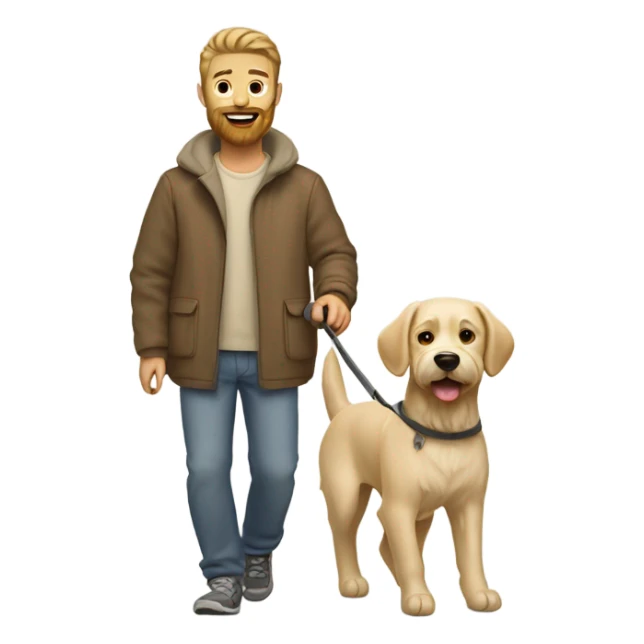Bearded man taking his short hair beige dog for a walk  sticker
