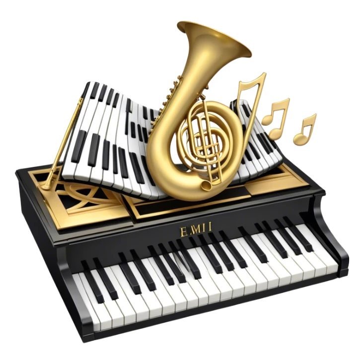 Create a detailed and elegant emoji collage representing keyboard instruments in a celebratory and professional style, reminiscent of a coat of arms. The design should feature a central arrangement of black and white piano keys, forming a symmetrical, powerful image. Around the keys, include a flowing ribbon of musical notes that intertwines with the keys, creating a sense of movement and harmony. Use gold and silver accents to highlight the keys and musical notes, giving the design a festive, high-quality appearance. The design should convey professionalism, elegance, and a sense of occasion. Add subtle reflections on the piano keys to enhance the polished look. The background should be transparent. sticker