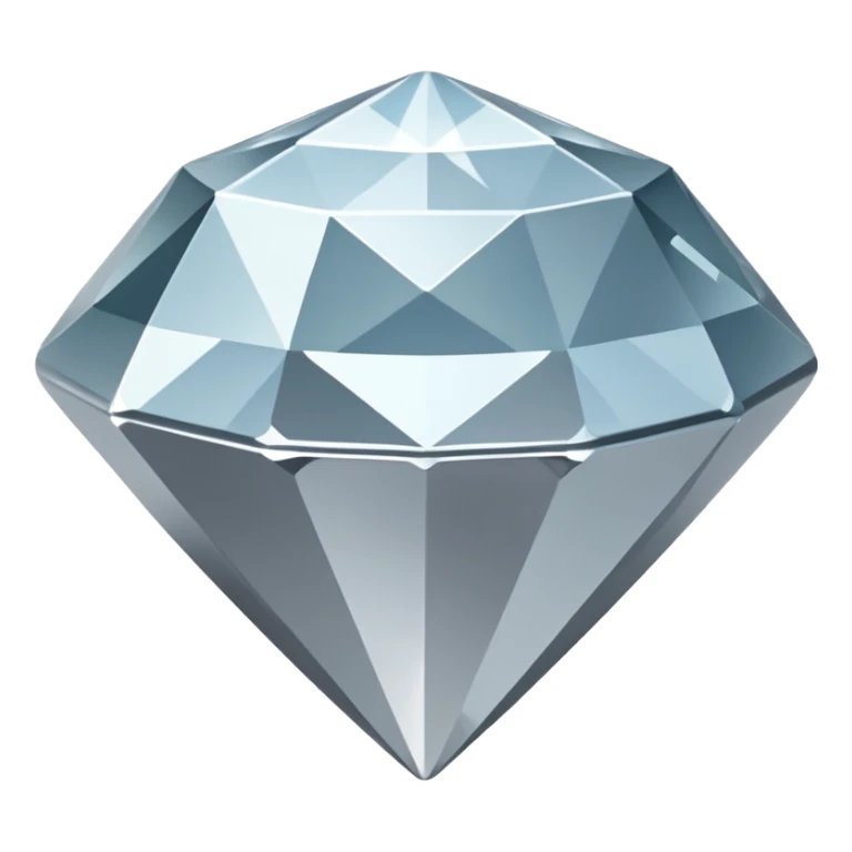 A faceted diamond emoji made of silver chrome, smooth reflective surfaces, soft metallic shine, minimalistic and clean design, iOS emoji style, centered on white background, soft studio lighting sticker