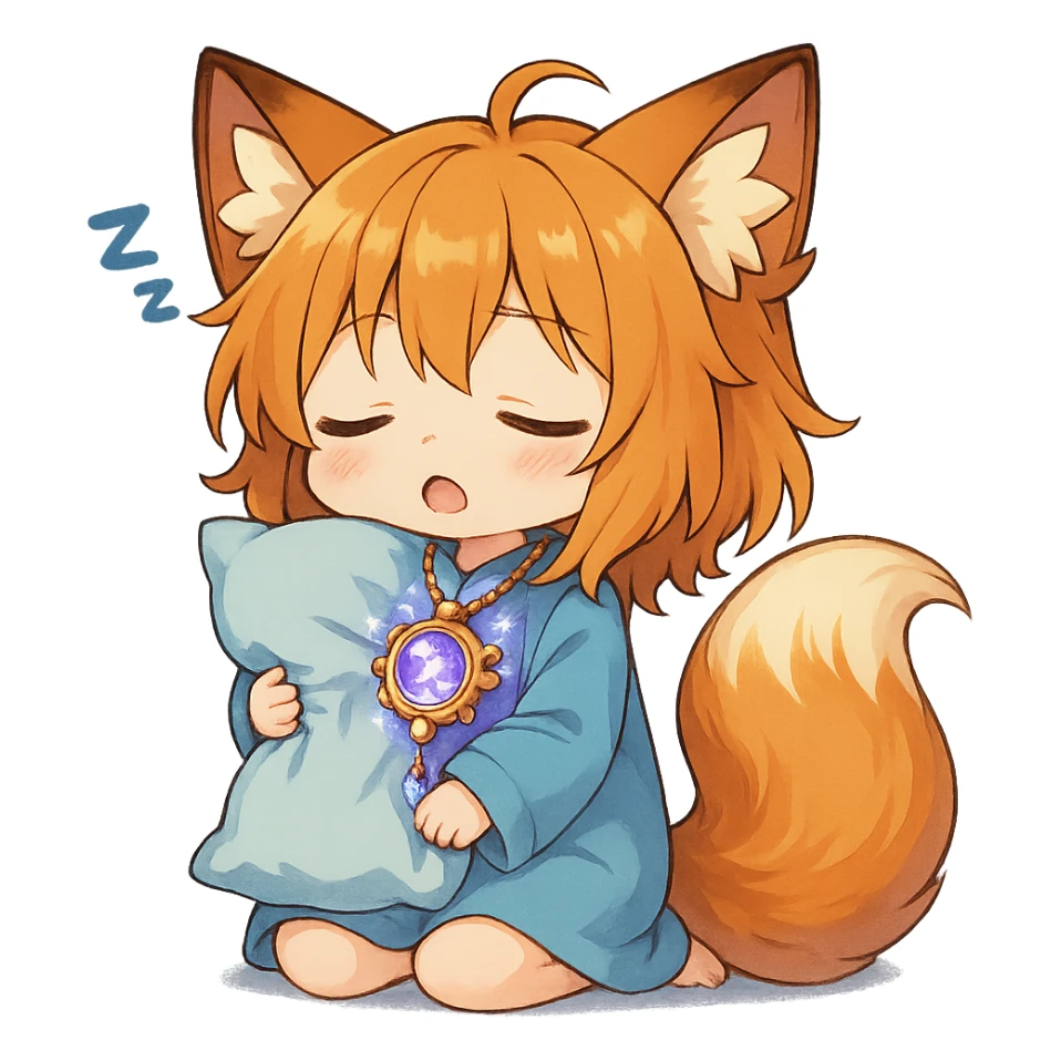 Add a magical sparkling amulet to the chibi sleepy fox. Keep the background transparent. sticker