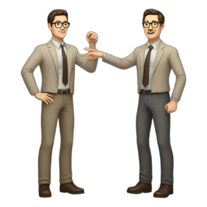 Full height Actively gesturing with hands Pale skinned fit man with dark brown hair in gray jacket, beige office shirt, brown tie, brown pants and vintage glasses. sticker
