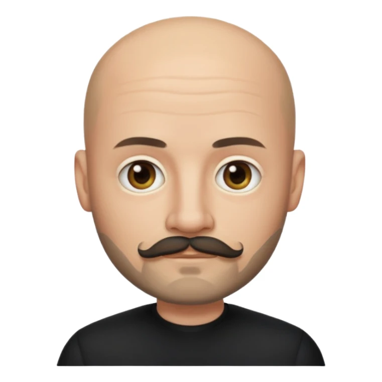 Oliver Riedel, apple style emoji, bald, with a mustache and goatee, reserved look, black clothing sticker