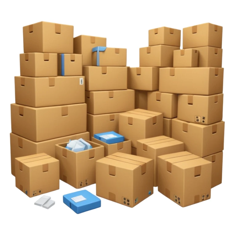 Generate a realistic emoji-style of a overfilled storage room where the packages dont have much space and everything seems chaotic sticker