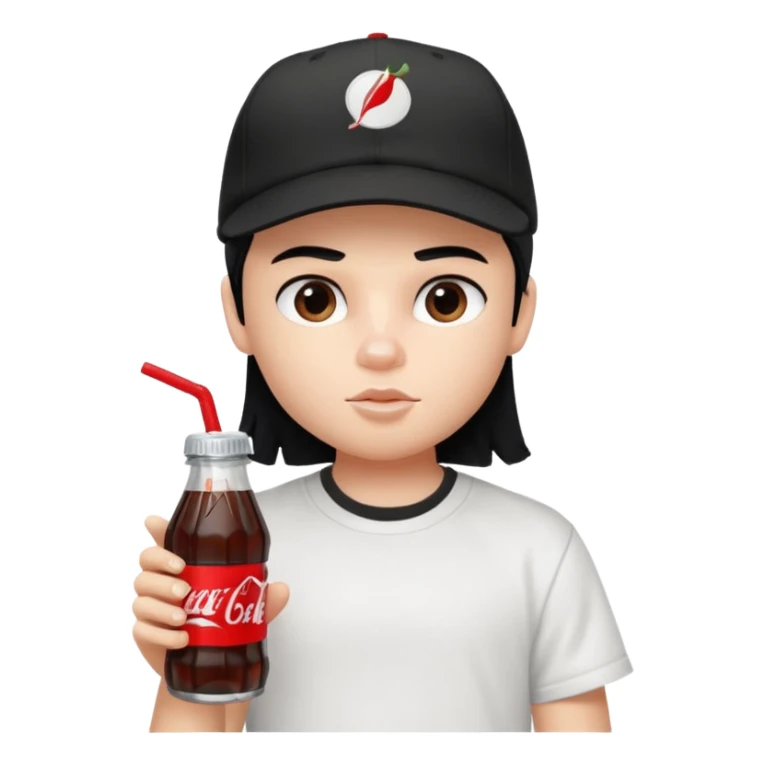 generate a pretty bratz boy with a nike black baseball cap, a white tshirt and drinking coke , black hair sticker