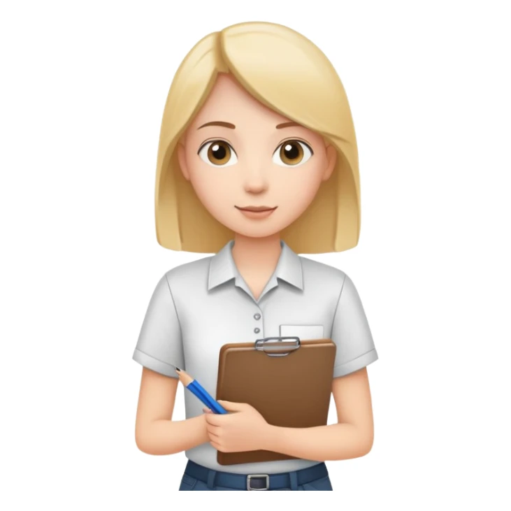 intern or volunteer holding a clipboard and pencil, ready to take notes or assist. The character wears a simple shirt and has an eager posture sticker