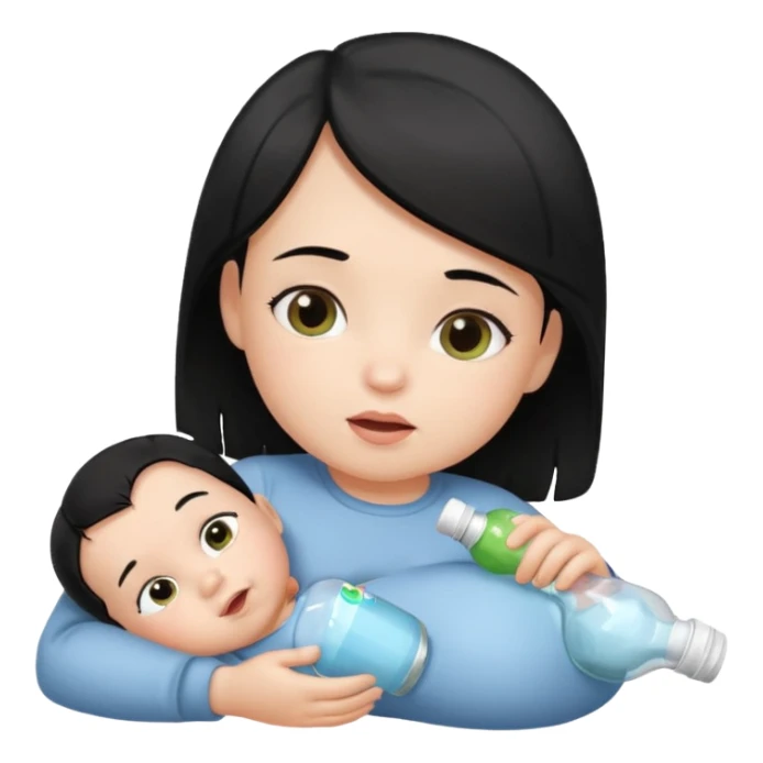 A baby with black hair holding a bottle while laying down sticker