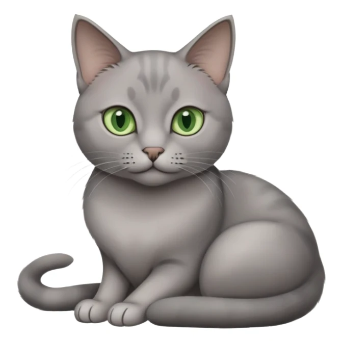 Elegant gray cat with smooth fur, large green eyes, serene expression, sitting facing camera sticker