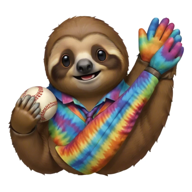 Baseball in a tie dye glove being held by a sloth sticker
