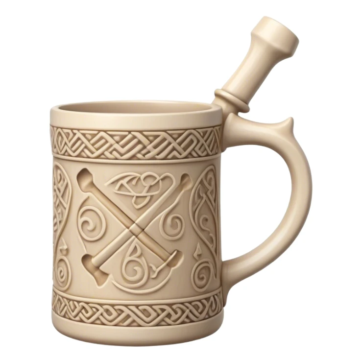 Scandinavian carving icon, bone mug or vase with intricate Norse patterns, chisels and carving tools nearby, minimalistic style, clean lines, transparent background. sticker
