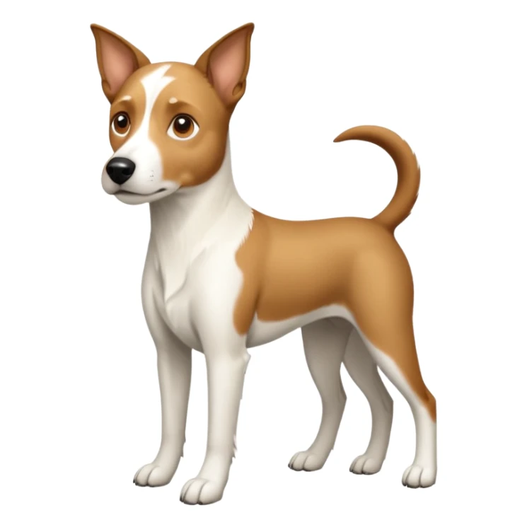 a full body large white parson russell looking dog the size of a kelpie with light brown flapped down ears and a light brown patch on one eye and a large snout sticker
