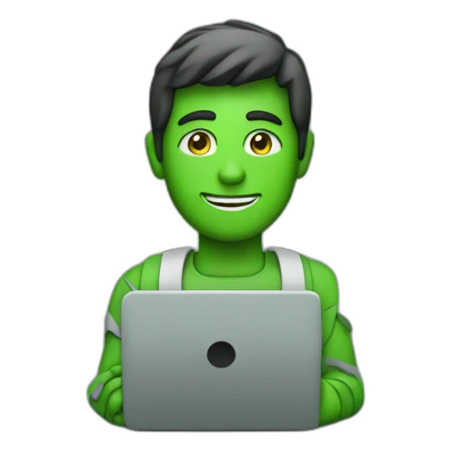 a man with a laptop, green stones in the background sticker