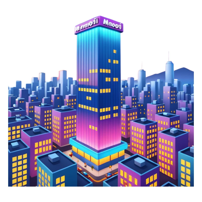 A 3D cartoon city billboard mounted on a tall building, glowing lights at dusk, realistic reflections, Memoji-style. sticker