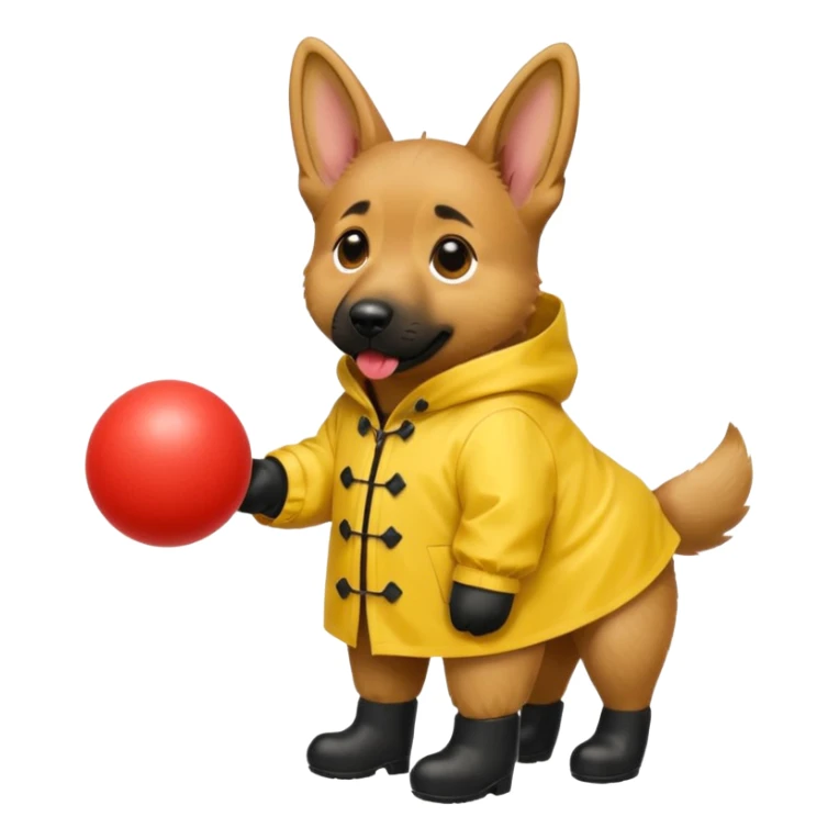 german shepherd wearing yellow raincoat that says “mochi” with black booties and a red ball in the mouth sticker