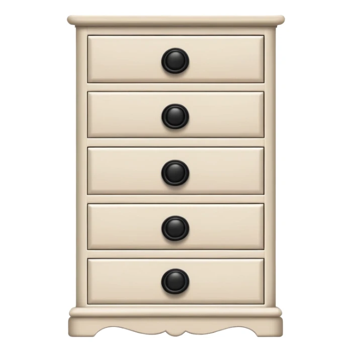 realistic white 6-drawer chest with one small black knob per drawer, stacked vertically, with depth and dimension sticker