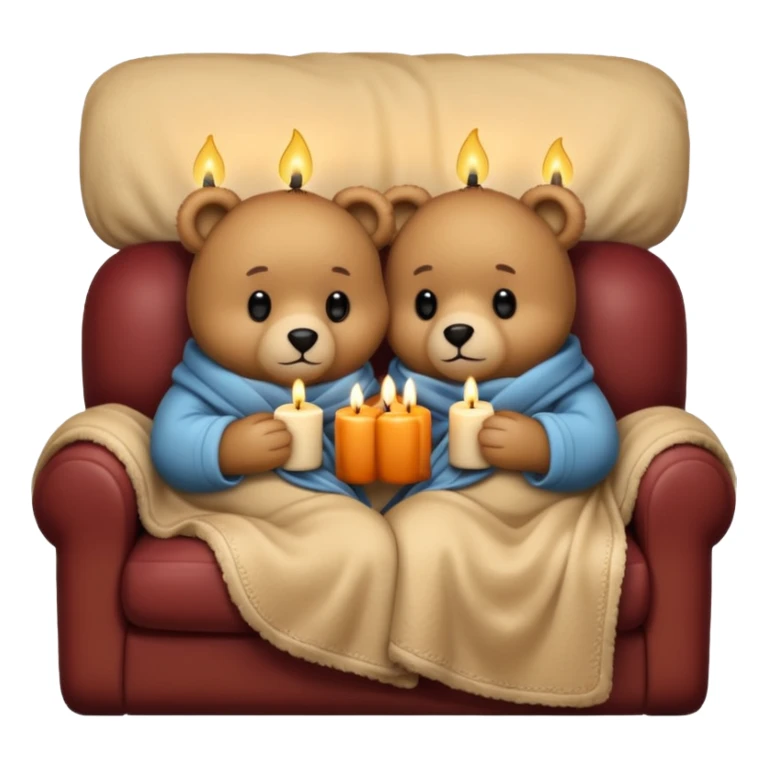 Two cozy teddy bears cuddling wrapped in a blanket watching tv on couch with candles next to them sticker
