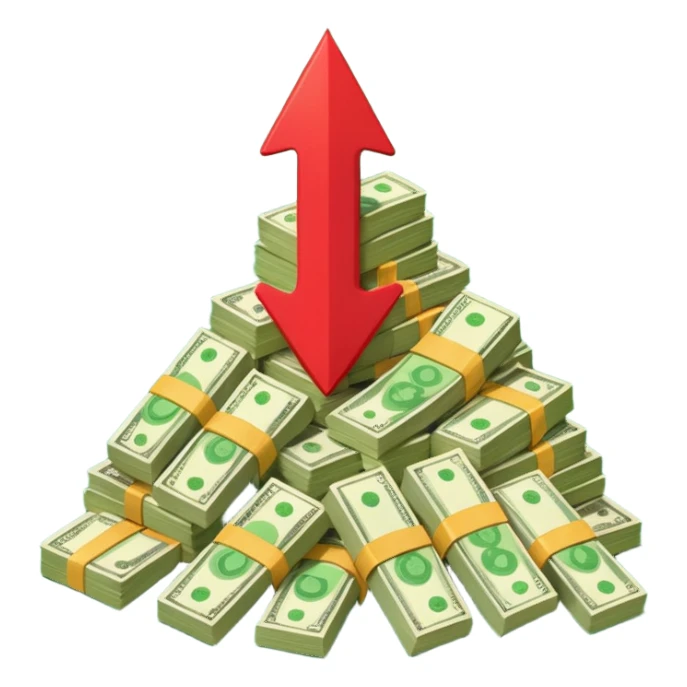 a pile of money with red arrow up sticker