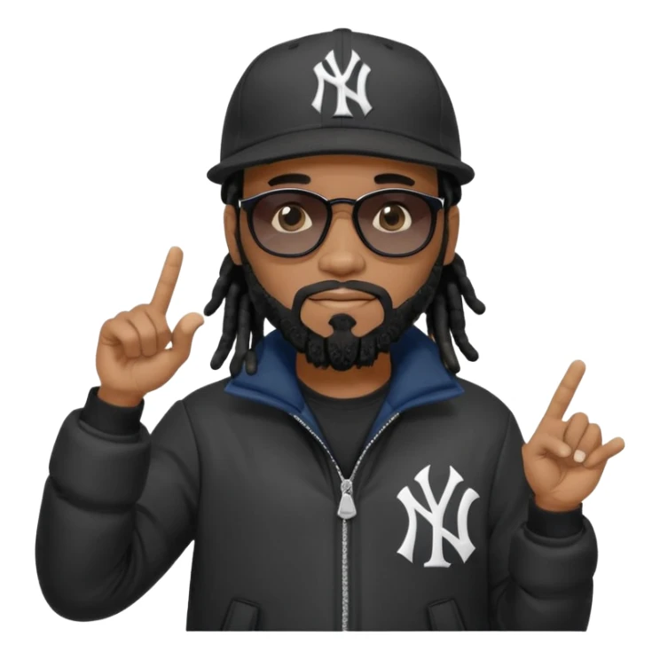 African American man with shoulder length black dreadlocks with black beard wearing black sunglasses wearing a New York Yankees logo baseball cap wearing a dark black bubble winter coat hand pointing out sticker