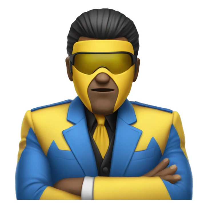 Invincible wearing a yellow and blue suit with black accents. He should have a distinctive yellow visor-style mask covering his eyes, shot black hair. sticker