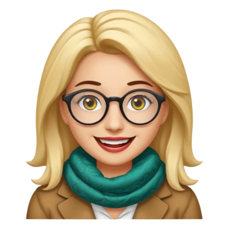 Emoji estilo WhatsApp de una mujer sonriente con rostro ovalado, piel clara, ojos grandes y oscuros, cejas gruesas arqueadas, gafas grandes redondeadas, rizos voluminosos oscuros, bufanda colorida y expresión tierna. Colores limpios, contornos suaves y fondo transparente. sticker