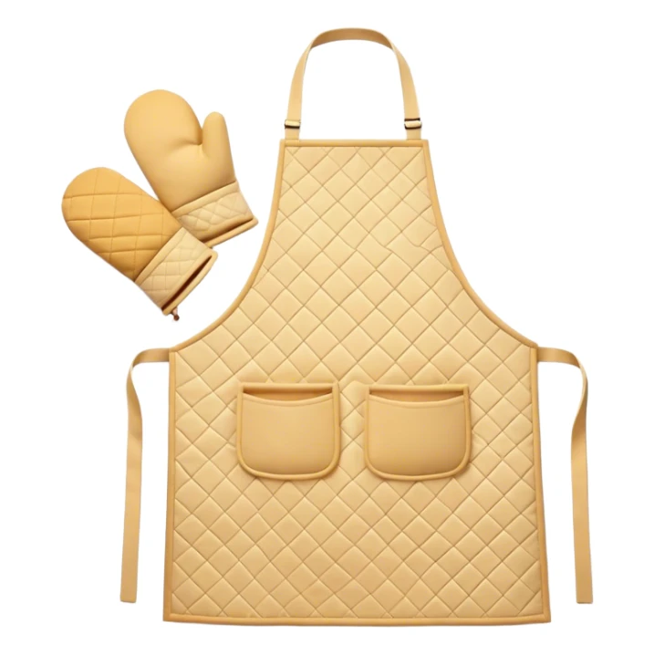Cinematic Realistic Apron & Oven Mitts, a neatly folded soft pastel apron with subtle fabric textures, resting next to thickly padded oven mitts with a quilted pattern, warm golden kitchen lighting reflecting off the fabrics, evoking a sense of homely warmth and culinary creativity. sticker