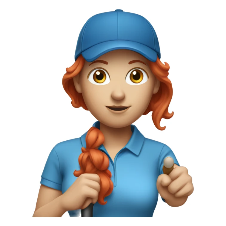 a female golf coach with red hair, blue shirt sticker