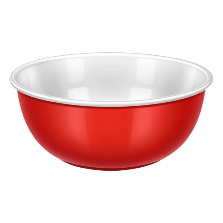A bright red plastic household bowl. Smooth glossy surface, soft studio lighting, subtle shadow underneath. Product-style photography, crisp focus, minimalistic composition. sticker