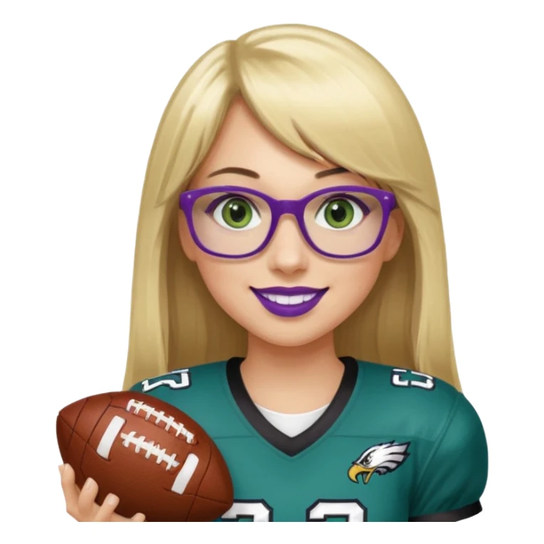 long blonde hair with straight bangs, black rectangle glasses, female, green eyes wearing eagles uniform jersey number 33 holding football smiling purple lipstick sticker