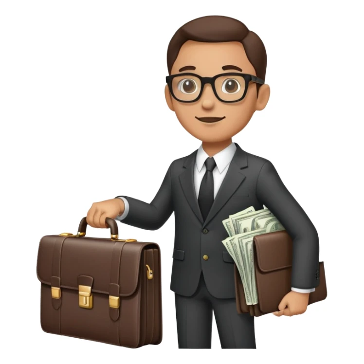 businessman in suit and glasses with an open briefcase full of dollar bills sticker