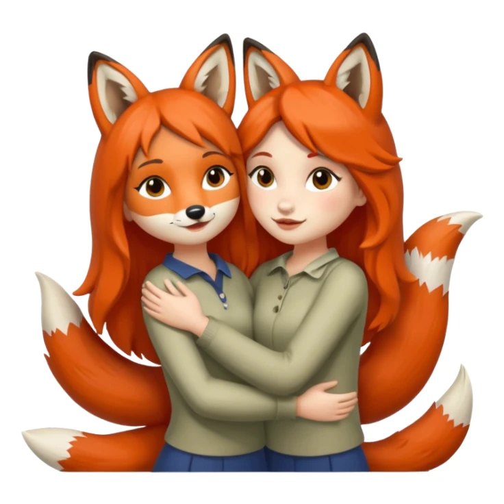 2 girls humans with fox heads hugging friendship forest sticker
