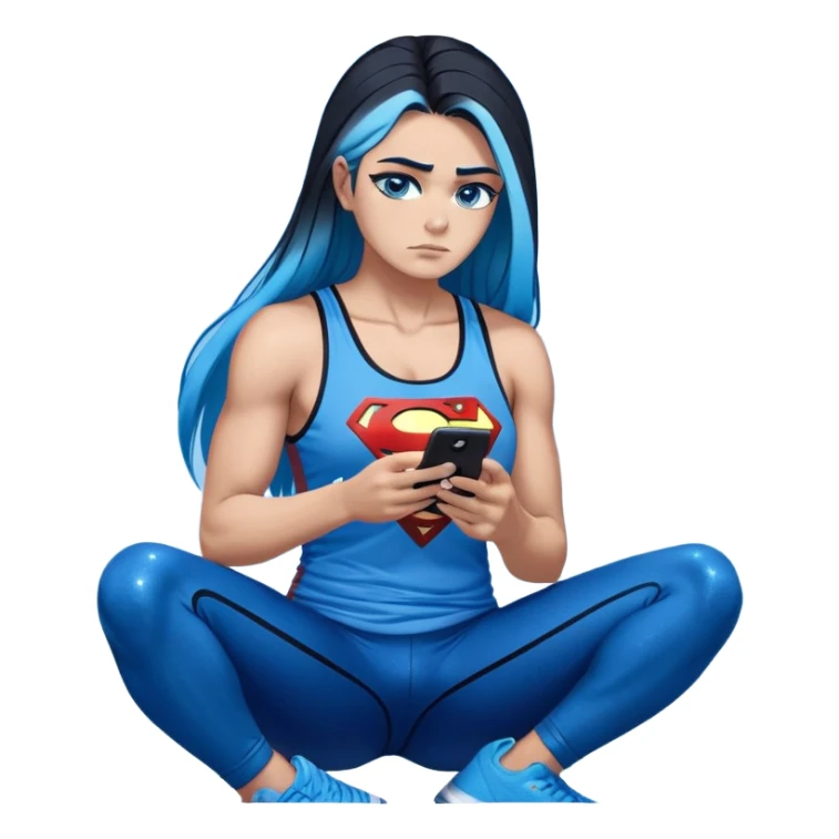 Shameful disappointed crying-very very very very big chest-texting on a samsung cell phone-very long straight flowing black to sky blue hair ombre-blue eyes-black eyeliner-long eyelashes-plastic sparkling sky blue very low cut tank top with sparkling superman logo-black leggings-nike sneakers sticker