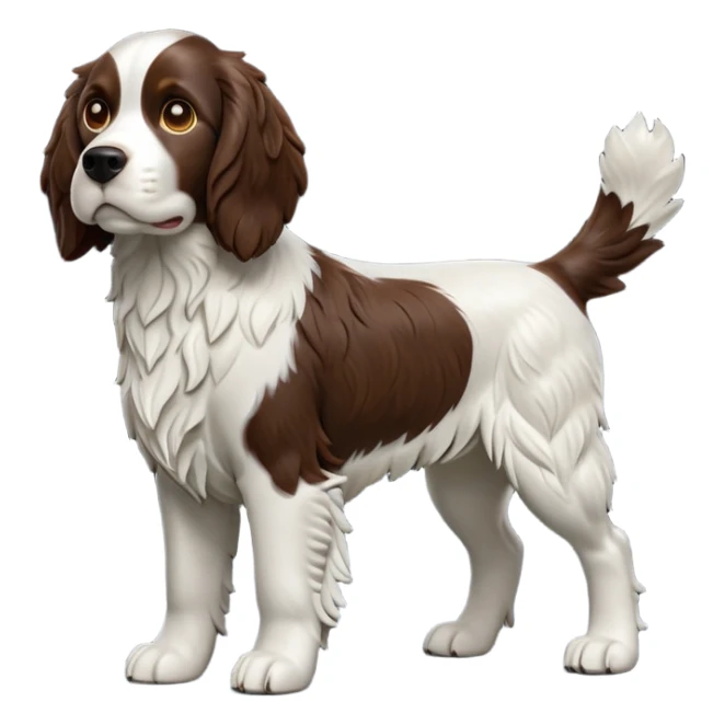 cinematic-[Springer Spaniel]-realistic-full-body-standing-emoji,-tail-resting-loosely-beside-its-paws,-head-tilted-dramatically, -scruffy-[brown and white]-fur,-simplified-yet-realistic-focused-features,-highly-detailed,-glowing-with-an-almost-sarcastic-glow sticker