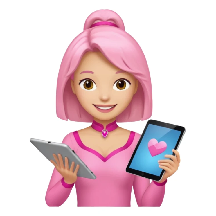 woman with pink costume with tablet sticker