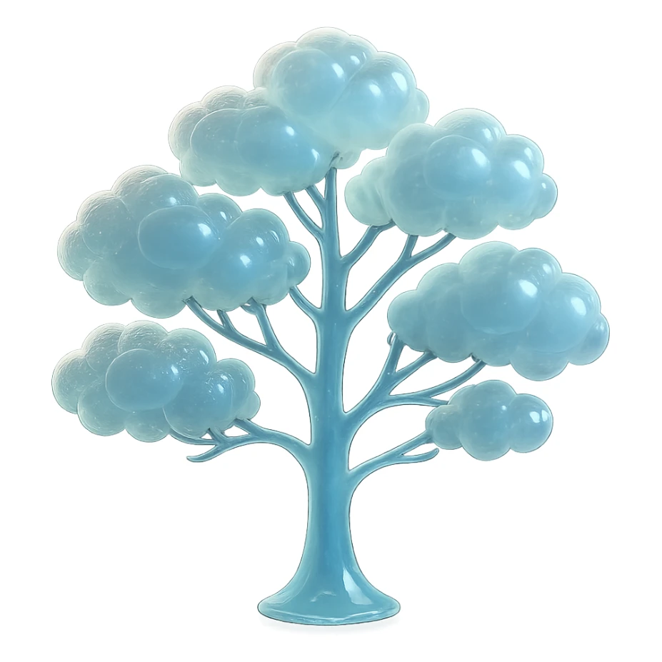 one tree with many branches and a white trunk, crown made of small very bright white fluffy convex clouds, matte glass style sticker