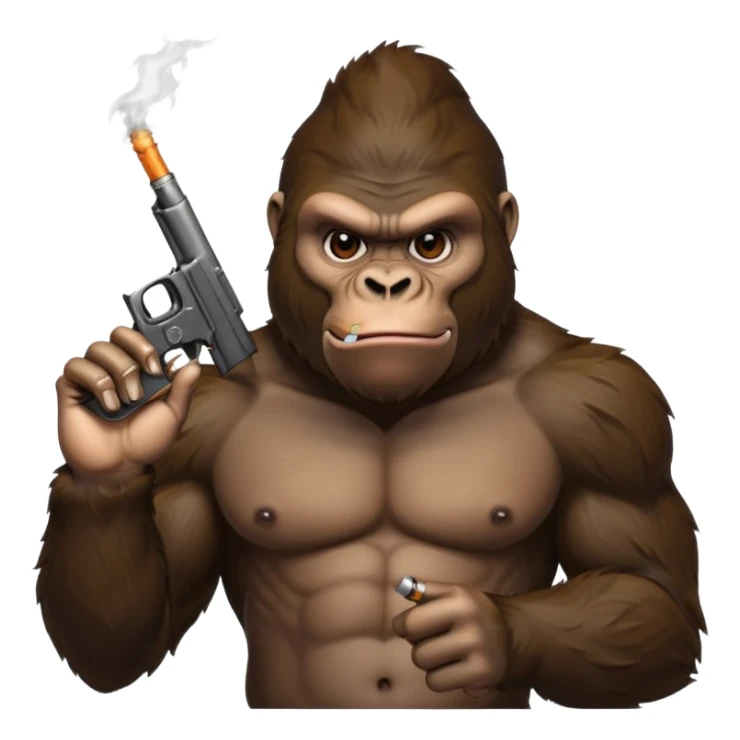 A gorilla smoking a blunt and holding a gun in the air sticker