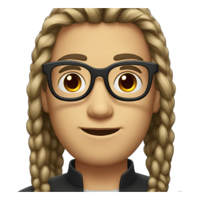 A boy with long tied hair and a beard with elongated glasses with black frames and red lenses sticker