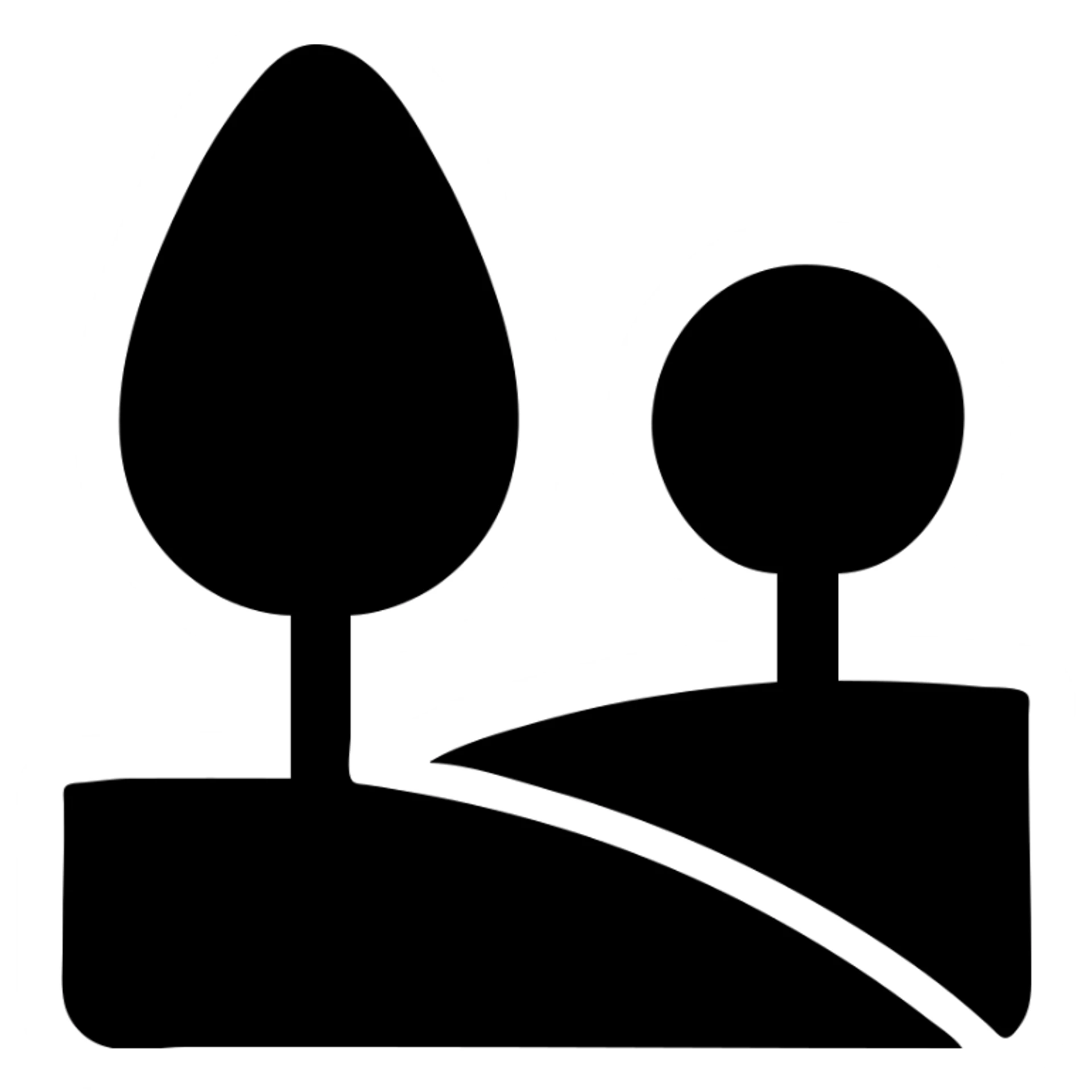 minimalist park icon with stylized trees and land, not front view, solid black fill sticker