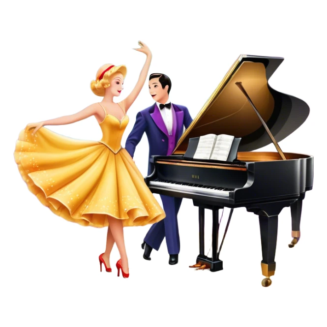 A vintage movie poster-style design featuring musical notes, a shining spotlight, and performers in glamorous costumes. Include elements like a dancing couple, a grand piano, and colorful stage lights. Retro cinematic flair with a lively and joyful atmosphere. Transparent background. sticker