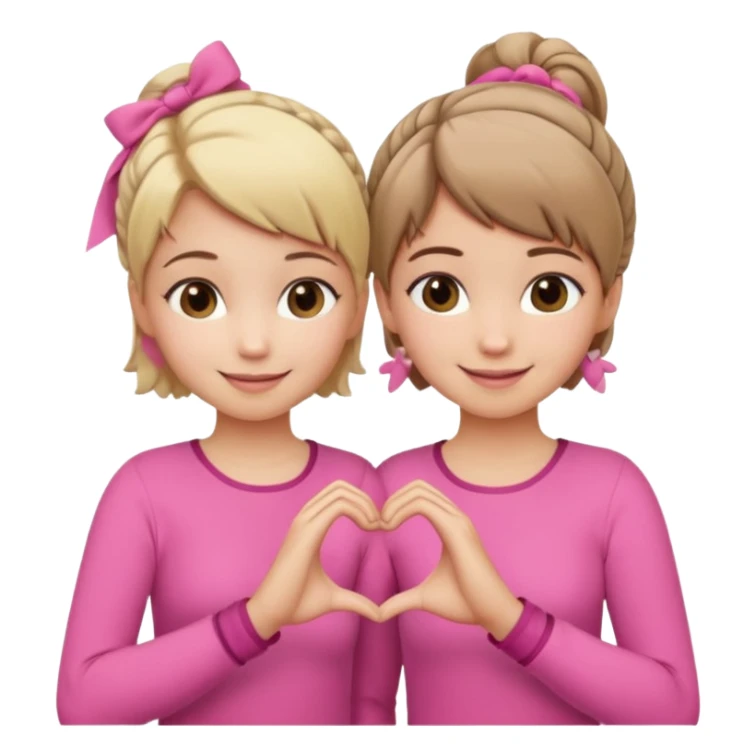 Two best friends making a heart shape with their hands together. One of them has blond hair which is shorter and the other has brown hair tied up. They are both wearing pink outfits. sticker