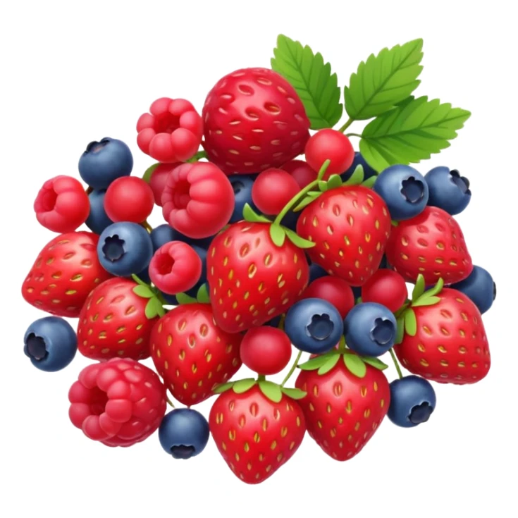 mixed berries cluster (strawberries, raspberries, red currants, blueberries), realistic, 3D, no faces, no bowl, transparent background sticker