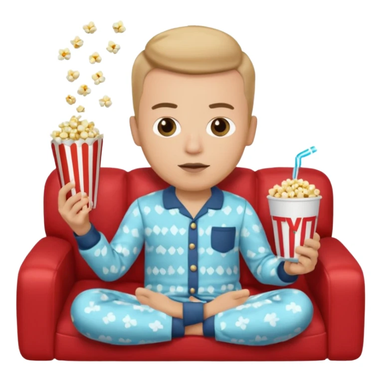 male memoji, in pajamas, sitting on couch, holding TV remote controller, relaxed face, casual home vibe, popcorn bucket on couch sticker
