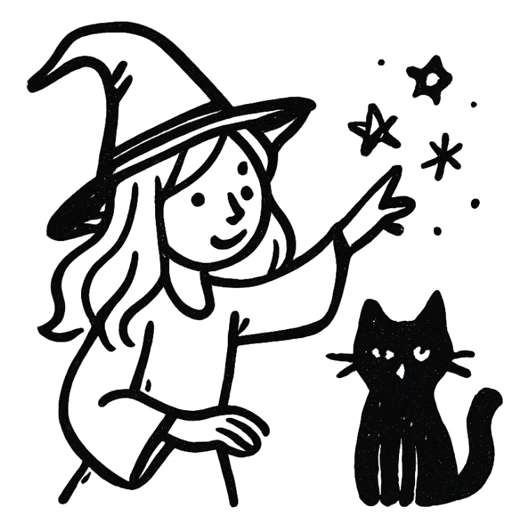A detailed illustration of a blonde witch with a black cat, casting a spell sticker
