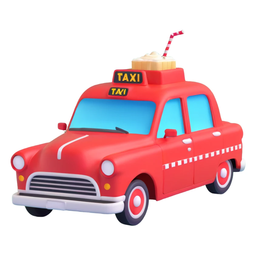 A red taxi cab with a soda fountain on top sticker